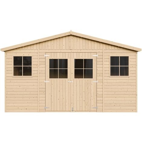 26984834_1 Abri de Jardin en Bois Naturel - Stockage extérieur avec fenêtres- H246x418x320 cm/12 m²- hangar en bois naturel - Atelier rangement outils et vélos- Timbela M331 – Image 1