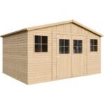 Abri de Jardin en Bois Naturel - Stockage extérieur avec fenêtres- H246x418x320 cm/12 m²- hangar en bois naturel - Atelier rangement outils et vélos- Timbela M331 – Image 2
