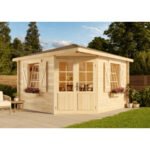 Alpholz – Abri de jardin pentagonal en bois 28 mm – Dimensions 350 x 350 cm – Hauteur 275 cm – Double porte 134 x 190 cm – Volets et bacs à fleurs inclus – Image 4