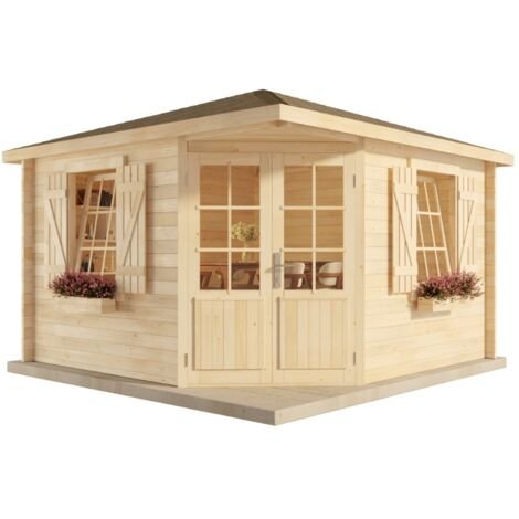 52865606_2 Alpholz – Abri de jardin pentagonal en bois 28 mm – Dimensions 350 x 350 cm – Hauteur 275 cm – Double porte 134 x 190 cm – Volets et bacs à fleurs inclus – Image 1
