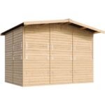 Timbela – Abri de jardin en bois 6m² – M150B – Dimensions 263x336x232 cm – Pin nordique – Toit en tôle ondulée – Porte verrouillable - H232x336x263 – Image 3