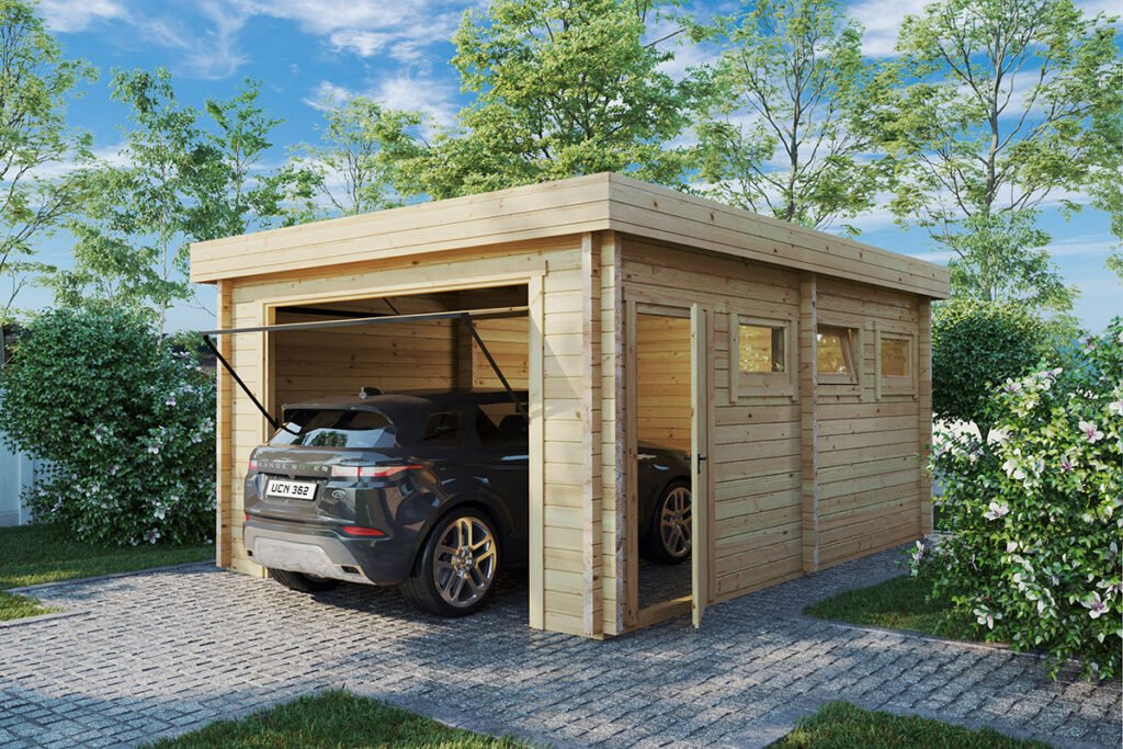 Garage en bois Hansa C à porte basculante / 70mm / 4 x 5,5 m Garage en bois « Hansa Deluxe C » | 4 x 6 m – Image 1