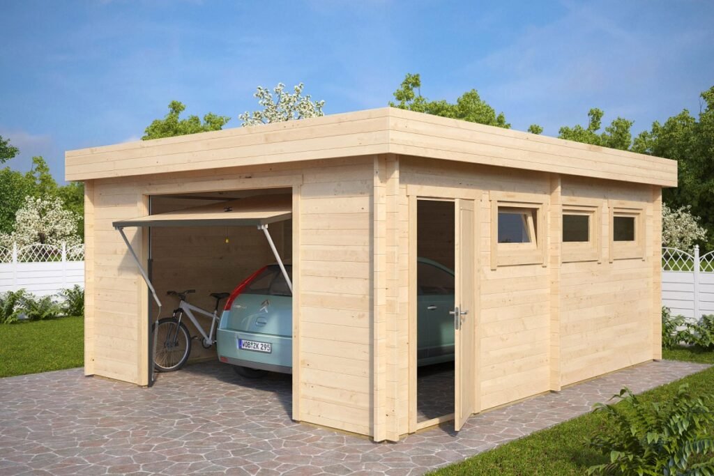 Garage-en-bois-hansa-D-a-porte-basculante-70mm-4.5-x5.5-m-1024x683 Garage en bois « Hansa Deluxe D » | 5 x 6 m – Image 1