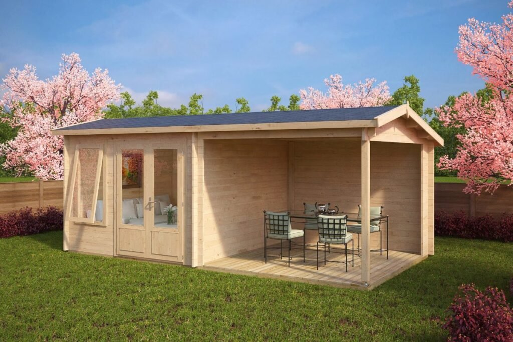 Abri de jardin 20m2 avec auvent et terrasse Nora D Abri de jardin avec terrasse « Nora D » | 6 x 3 m – Image 1