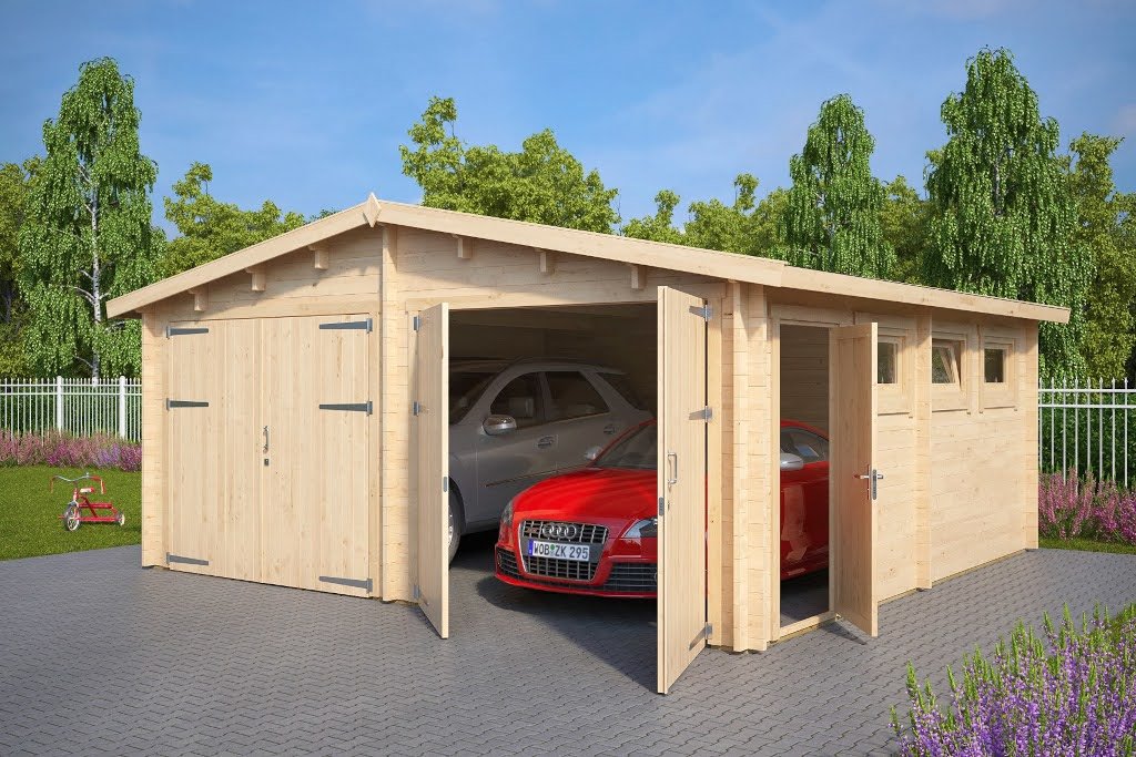 Garage double en bois Garage en bois pour 2 voitures « Hansa E » | 6 x 6 m – Image 1