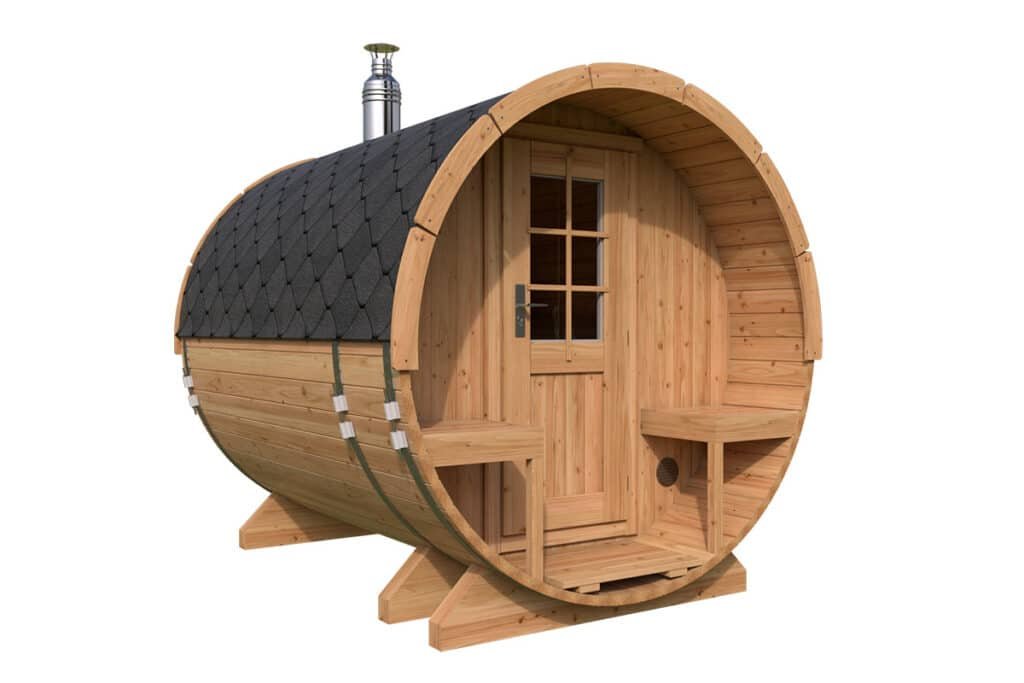 Kleine Fasssauna mit Terrasse | Small Barrel Sauna with Terrace Sauna tonneau extérieur avec auvent | 3 x 2 m – Image 1