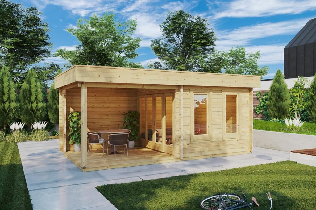 Modern Summer House with Veranda Lucas E 9m² | 44mm | 6x3m | G0 Abri de jardin avec auvent « Lucas E » | 6 x 3 m – Image 1