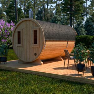 Sauna en tonneau avec auvent | 3 x 2 m
