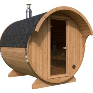 Petit sauna tonneau avec auvent | 3 x 2 m